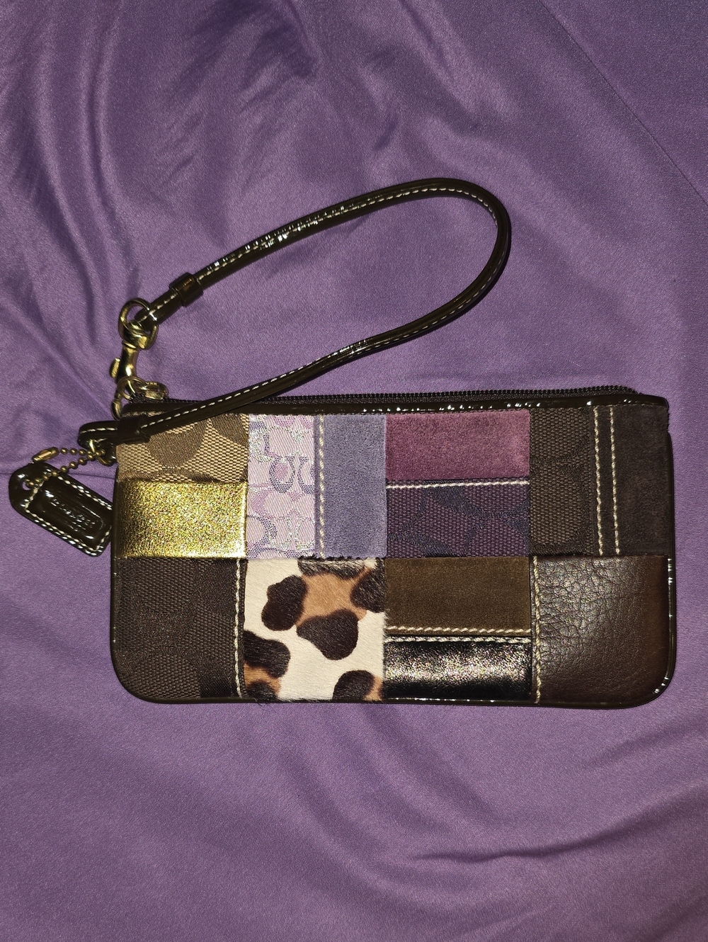 Coach Patchwork Leather Wristlet - Brown & Purple Accents